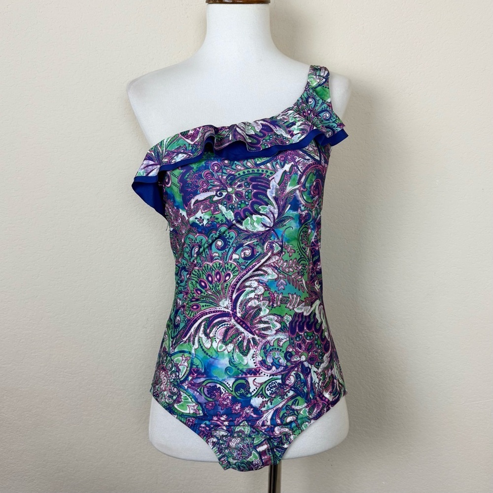 Becca One Shoulder Ruffle Paisley Print Swimsuit‎ One Piece Bathing Suit Medium